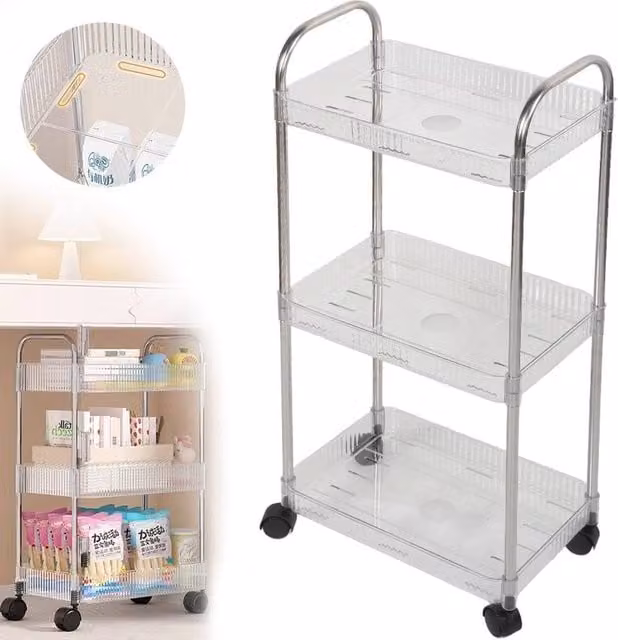 KORVIXA 3 Tier Storage Trolley Cart on Wheels in Transparent, W/D/H: 100 x 100 x 100 cm – 1