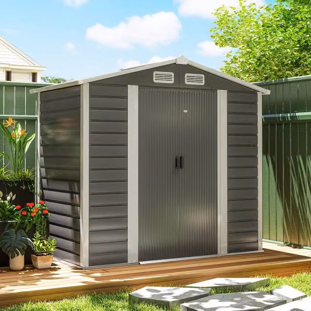 Rolipo Dark Grey Galvanised Steel Garden Shed with Foundation Kit and Lock