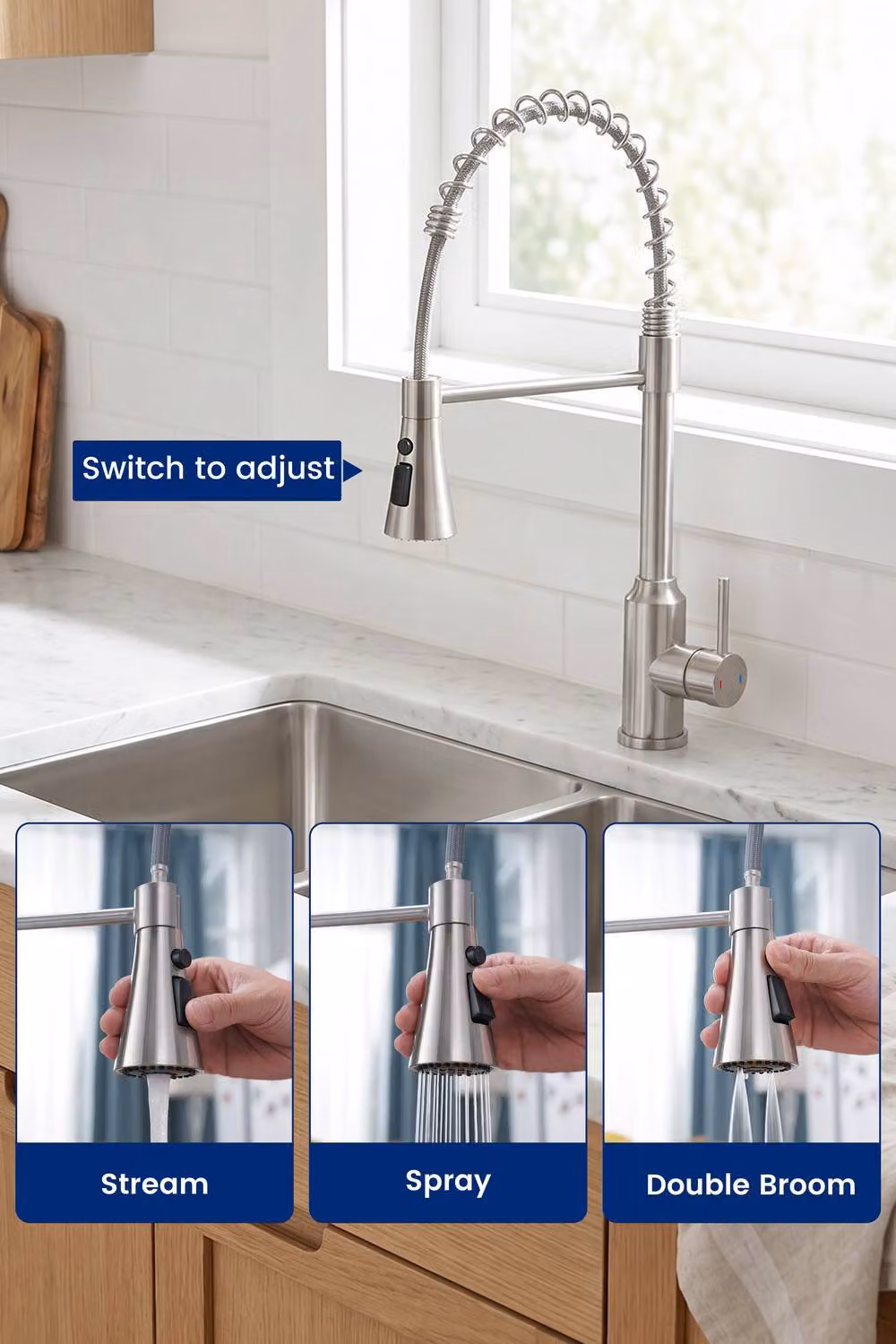 JANLEMNY Spring Kitchen Mixer Tap with 3 Spray Modes and Pull Out Spout, Brushed Silver, W/D/H: 100 x 45.7 x 12 cm – 2