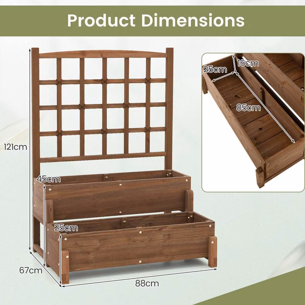 Costway 2-Tier Wooden Raised Garden Bed with Lattice Trellis in Brown, W/D/H: 121 x 67 x 67 cm – 2