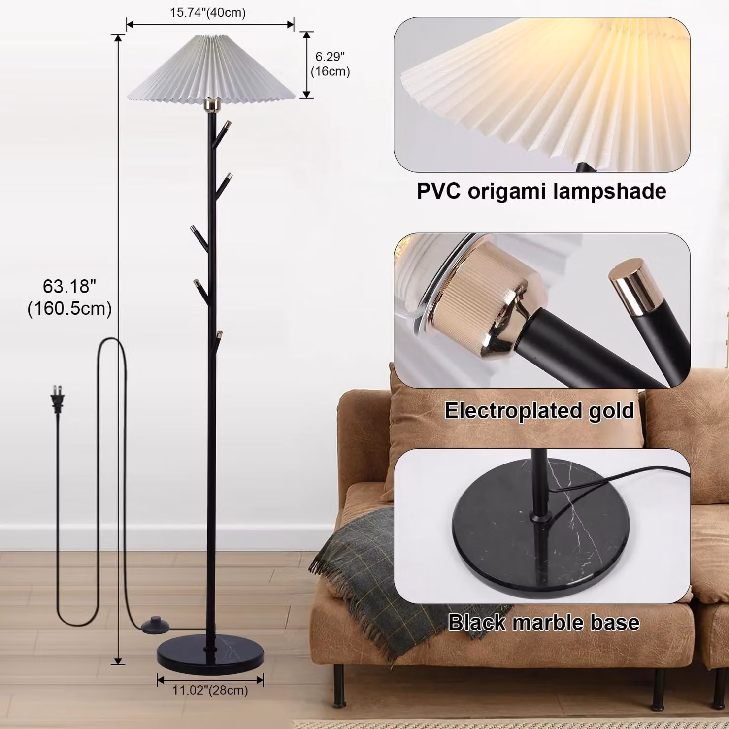 Garwarm Black and Gold Coat Rack Floor Lamp with Beige Pleated Fabric Shade, H 160.5 cm x W 40 cm x D 40 cm – 4