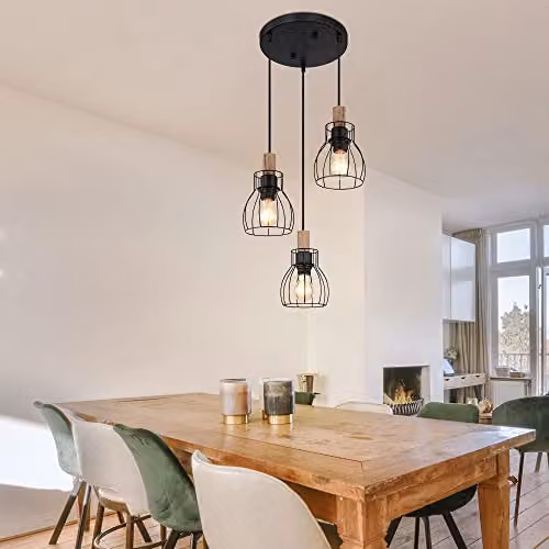 Globo Lighting Vintage Pendant Light in Brown and Black with Wood and Metal Cage Shades, 3x E27, Diameter: 35.5 cm, Height: 120 cm – 2