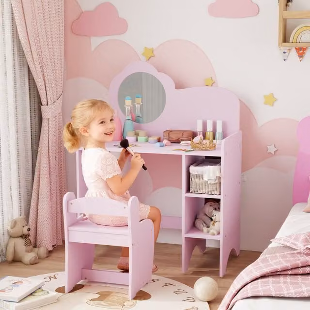 AIYAPLAY Kids Dressing Table with Mirror, Stool and Storage Shelves in Purple