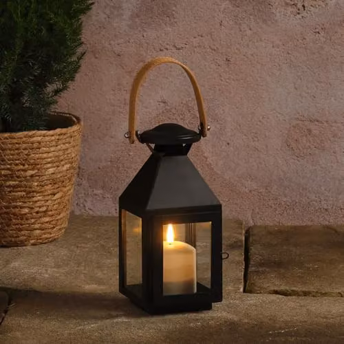Lights4fun Brixham Small Black Leather Effect Handle Metal Lantern with TruGlow Pillar Candle and Remote Control – 4