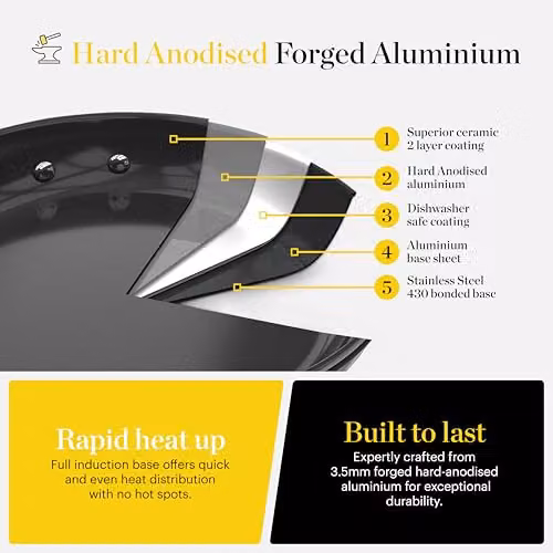 Tower Hard Anodised 24cm Casserole Dish with Tempered Glass Lid and Ceramic Non-Stick Coating, Grey – 3
