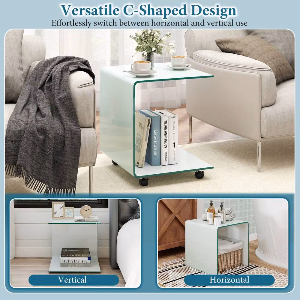 Gymax C-Shaped Tempered Glass Side Table with 2-Tier Shelf and 4 Lockable Wheels in White – 2