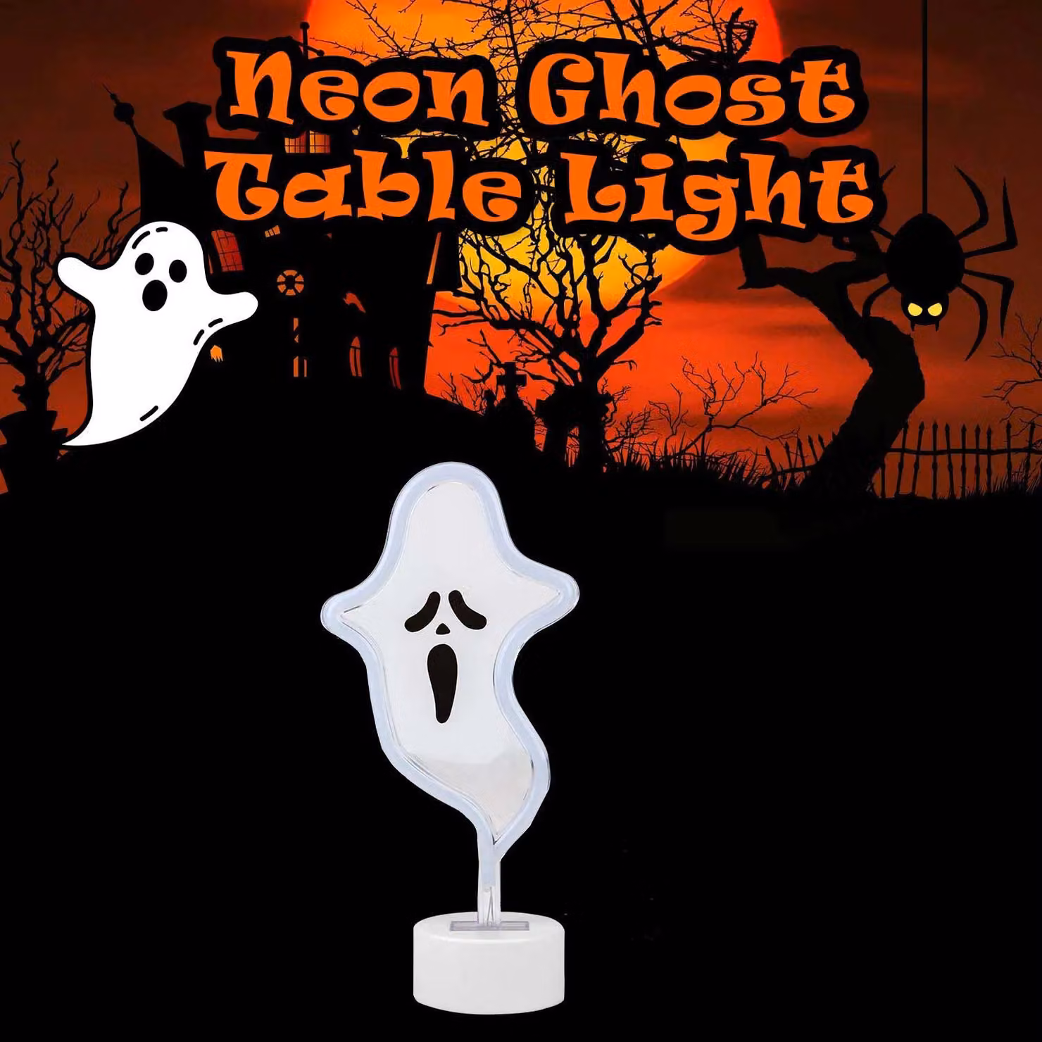 VFM e-Store Neon Ghost Table Light Halloween Decoration, White, W: 20 cm, H: 26 cm, D: 20 cm – 3
