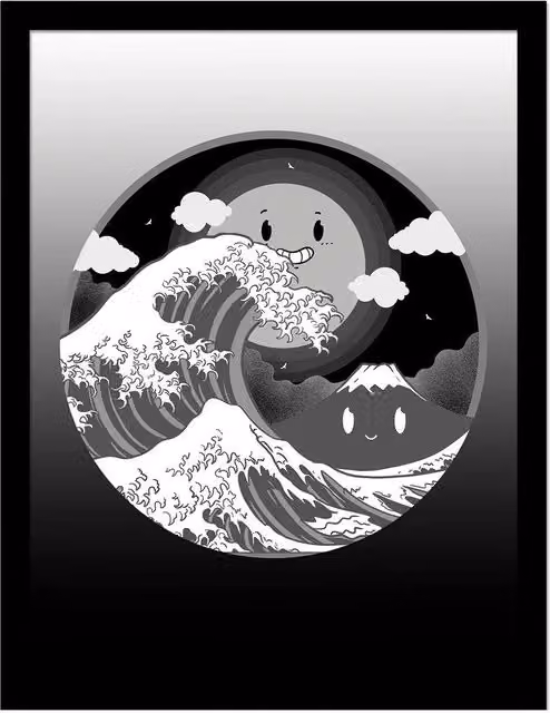 Artthree Wave Of Kanagawa Retro Framed Poster, Multicolour, Black