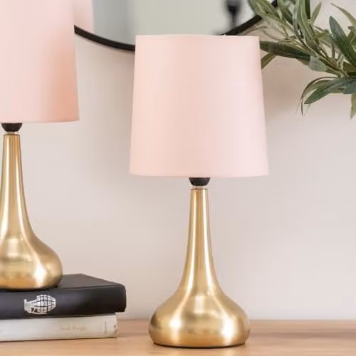 ValueLights Brushed Gold Teardrop Touch Dimmer Table Lamp with Blush Pink Fabric Shade and Included Bulb – 2