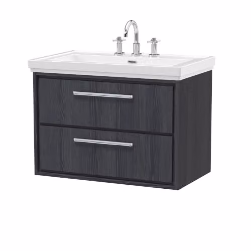 Balterley Wall Hung Traditional Bathroom Vanity Unit with 2 Soft Close Drawers and 3 Tap Hole Rectangular Sink, Graphite Grey, W: 83.0 cm, D: 47.1 cm, H: 60.6 cm