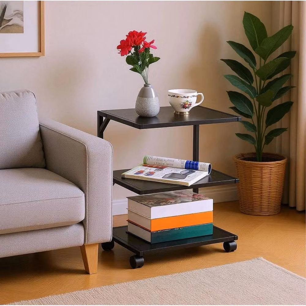 KORVIXA 3 Tier Rolling Side Table in Black Metal with Castors, W/D/H: 100 x 100 x 54 cm – 4
