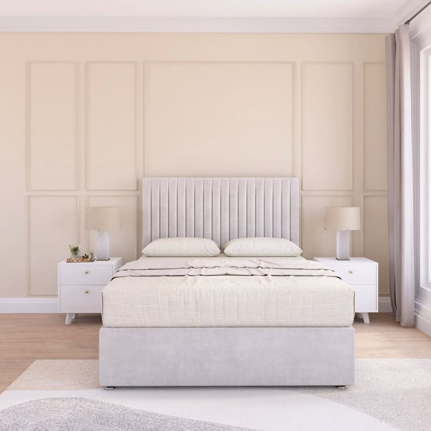 Sloomy Manhattan Super King Divan Bed Base with Floor Standing Headboard in Silver Velvet Fabric, W/D/H: 200 x 200 cm