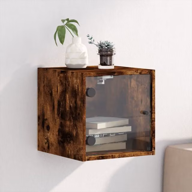 Berkfield Home Bedside Cabinet with Glass Doors in Smoked Oak Brown, W/D/H: 35 x 37 x 35 cm