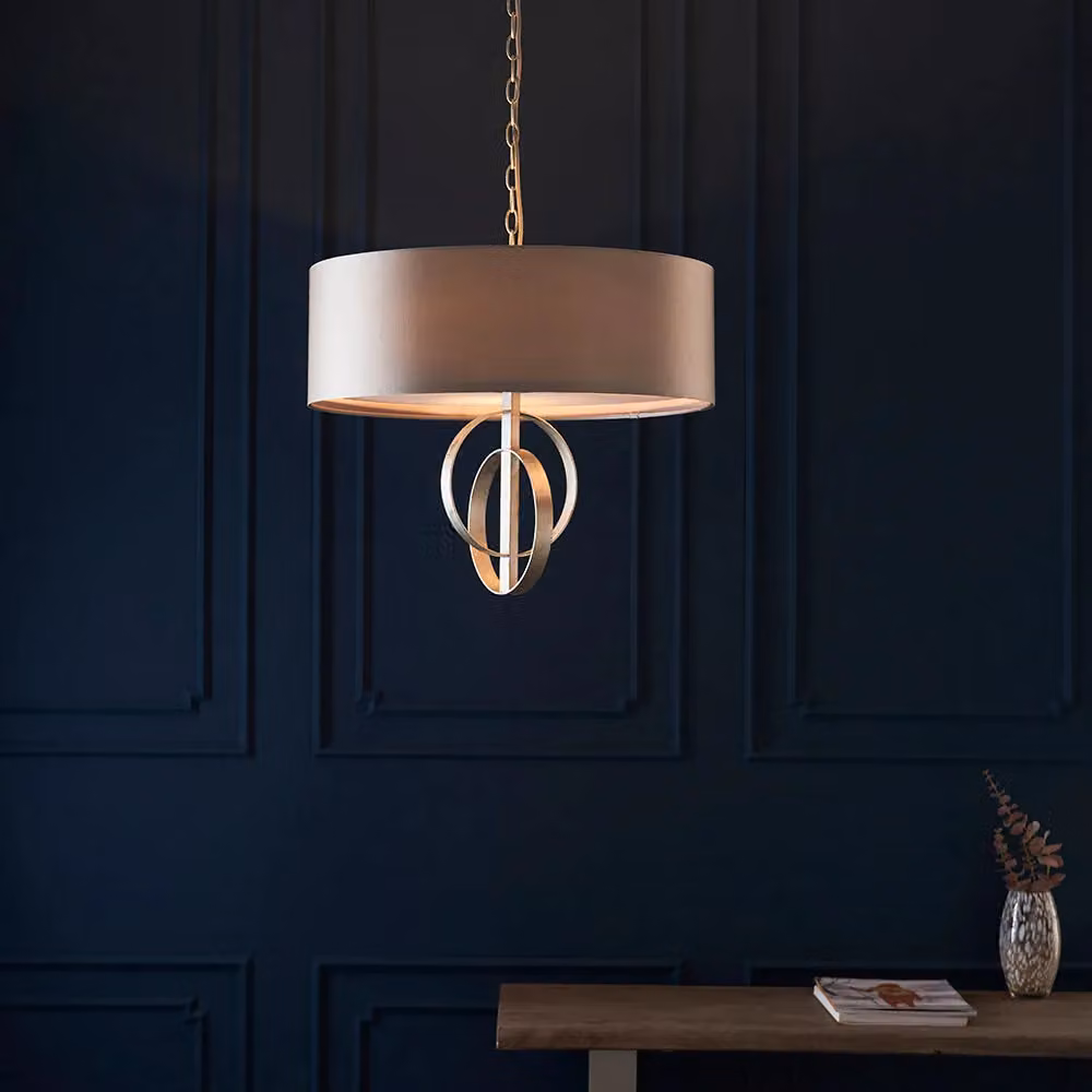 Loops Antique Silver Ceiling Pendant Light with Mink Satin Shade, 3-Bulb Hanging Fitting in Silver and Beige – 2
