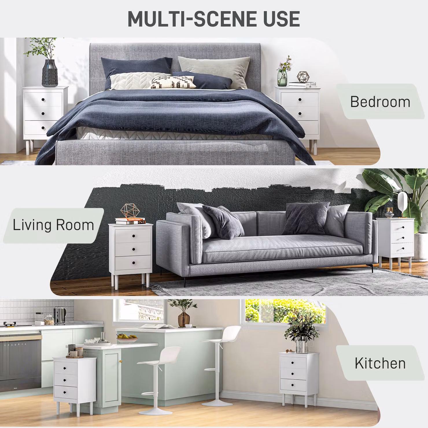 HOMCOM Set of 2 Modern White Bedside Tables with 3 Drawers, W/D/H: 40 x 30 x 64 cm – 4