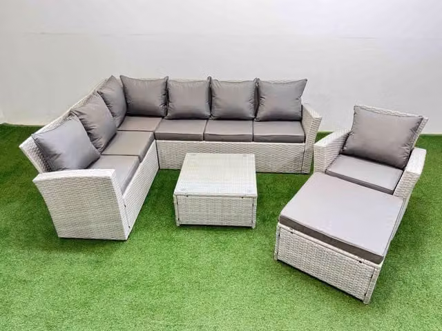 Fimous 8 Seater L-Shape Corner Garden Sofa Set with Coffee Table and Stool in Light Grey