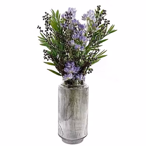 Leaf Design Purple Starflower Artificial Floral Display with Transparent Glass Vase, H 60 cm x W 30 cm x D 30 cm