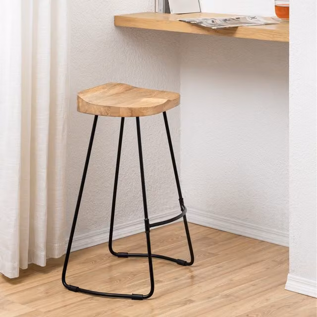 Rombass Modern Mango Wood and Metal Saddle Seat Kitchen Counter Stools in Brown