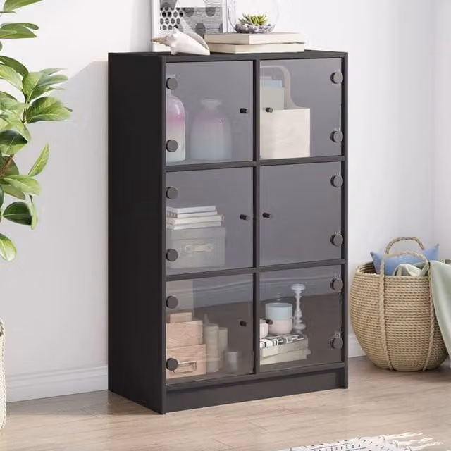 Berkfield Home Modern Black Highboard with Glass Doors, W/D/H: 68 x 37 x 109 cm