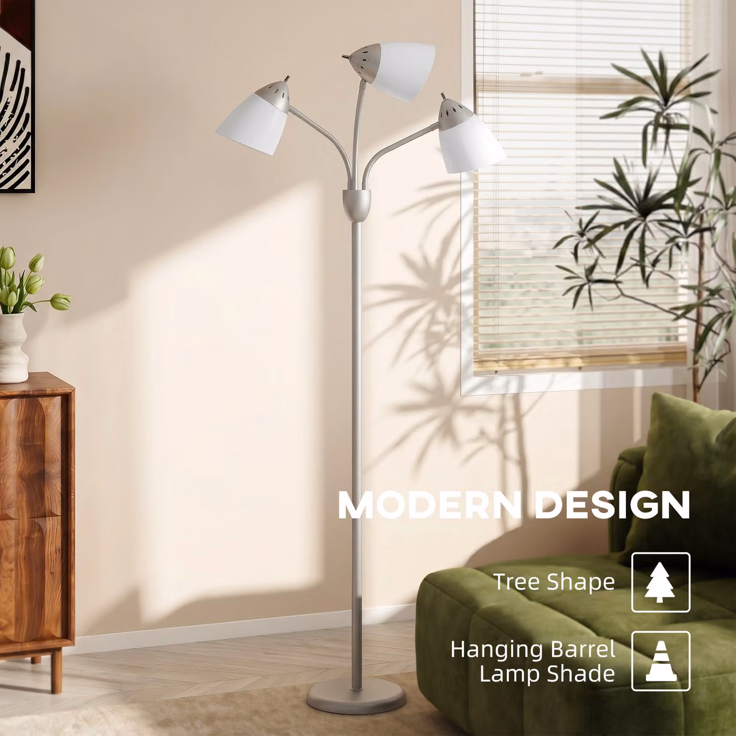 HOMCOM Industrial Arc Tree Floor Lamp with 3 Adjustable Rotating Lights in Silver Tone – 3