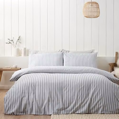 Catherine Lansfield Reversible Brushed Cotton Flannelette Striped Single Duvet Cover and Pillowcase Set in Silver Grey, Duvet Cover: 135 x 200 cm, Pillowcase: 50 x 75 cm