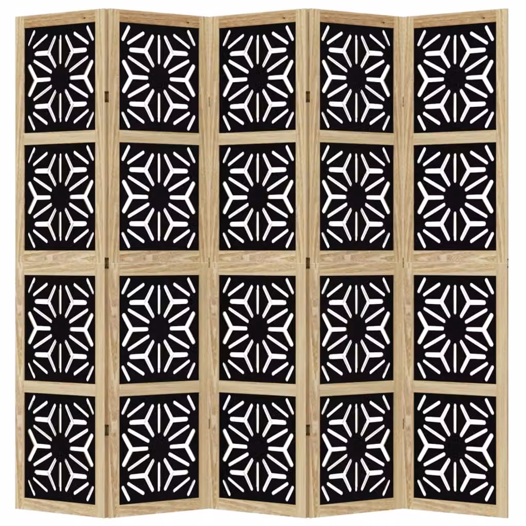 Berkfield Home 5-Panel Geometric Room Divider in Brown and Black Solid Paulownia Wood – 3