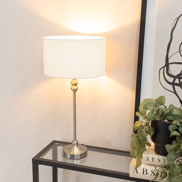 ValueLights Maggie Brushed Chrome Metal Candlestick Table Lamp with White Fabric Drum Shade and Warm White LED Bulb – 1