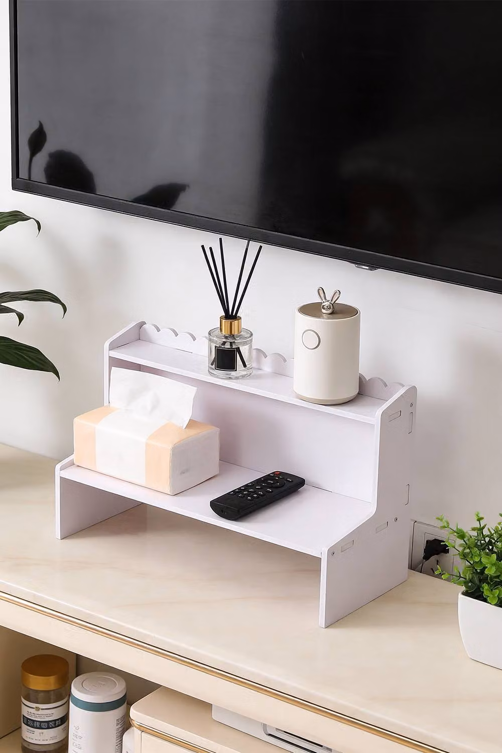 Living and Home 2-Tier WPC Desktop Storage Shelf with Scalloped Edge in White – 3