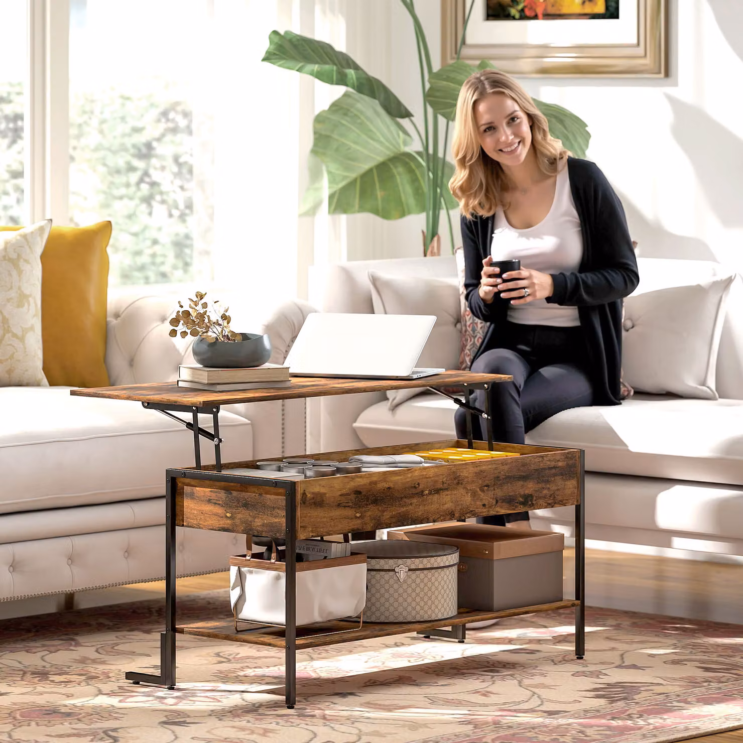 HOMCOM Industrial Lift-Top Coffee Table with Storage, Brown and Black, W: 95.0 cm, D: 59.0 cm, H: 44.0 cm – 9