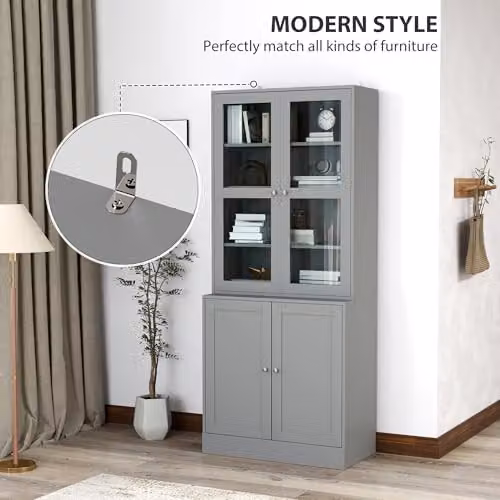 HOMCOM Modern Grey Display Storage Cabinet with Glass Doors and Adjustable Shelves, H 178.5 x W 76.0 x D 40.0 cm – 3