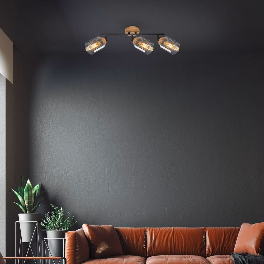 Briloner Black Smoked Glass Ceiling Light Spotlight Bar with 3-Way Adjustable E27 Fitting – 3