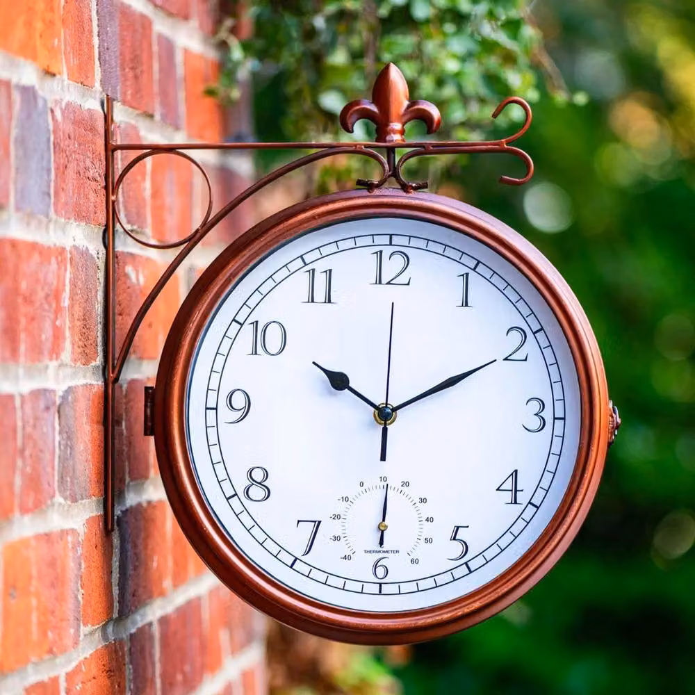 FLAVORA Double-Sided Classic Garden Wall Clock and Thermometer in Bronze Metal, W/H: 100 x 15 cm – 3