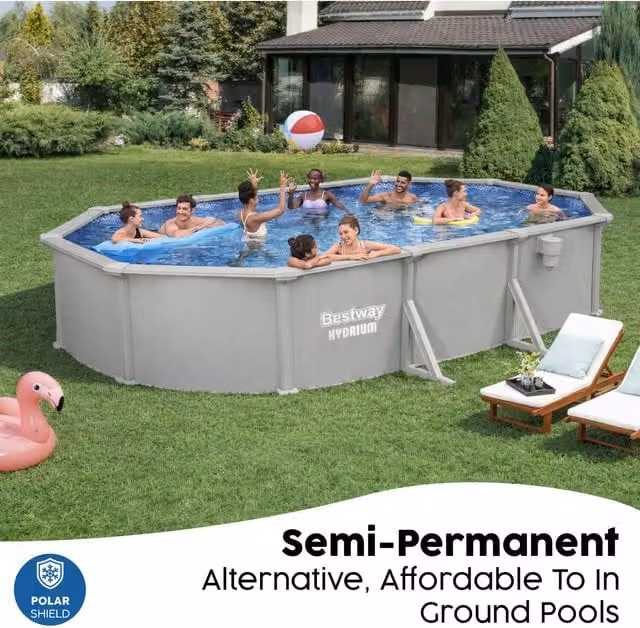 Bestway Hydrium All Year Round Rectangular Above Ground Pool Set with Pump, Filter and Ladder, Light Grey