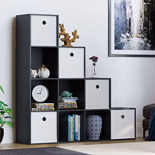 Vida Designs Durham 10 Cube Staircase Bookcase with 5 White Baskets, Black – 1