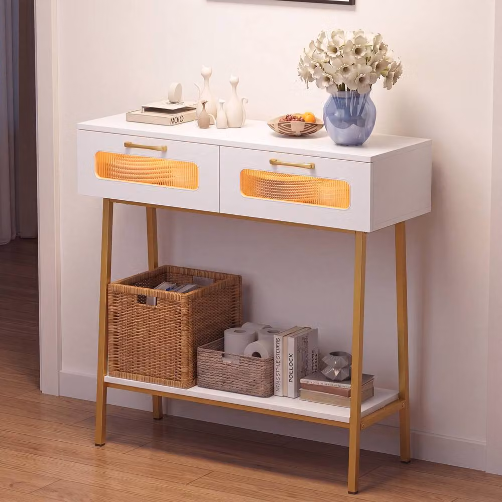Gymax White Farmhouse Console Table with Colourful LED Lights and Rustic Wood Finish – 2
