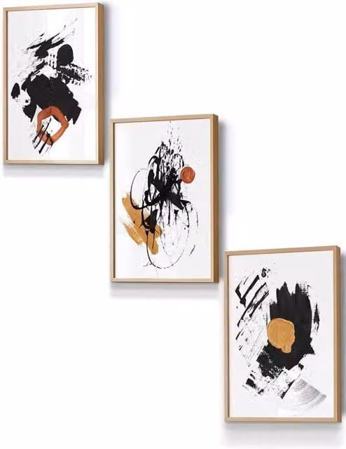 ARTZE Abstract Oil Strokes Framed Wall Art in Light Oak, Black, Yellow and Orange, W: 33 cm, H: 45 cm, D: 2 cm