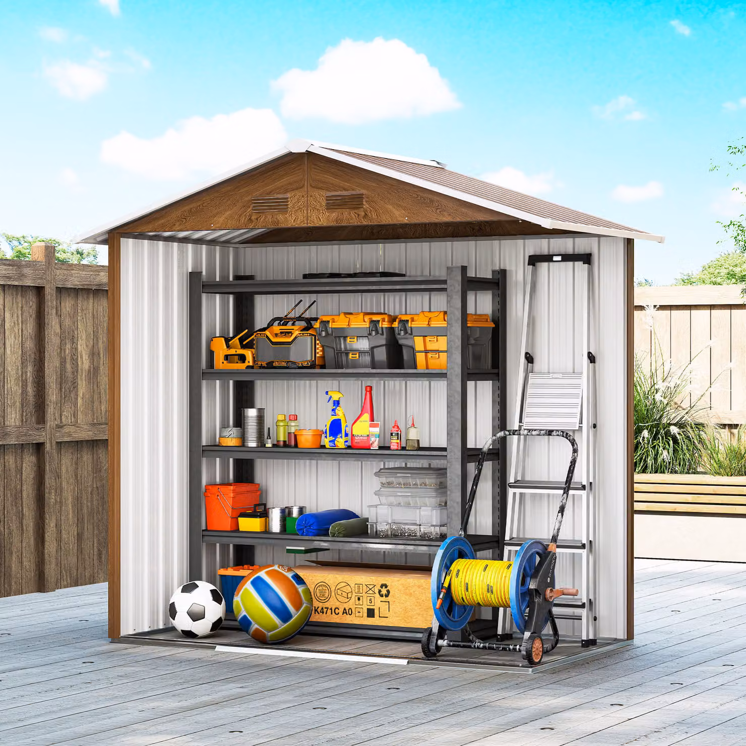 Outsunny Wood Effect Galvanised Steel Garden Shed in Brown with Double Doors and Four Vents – 9