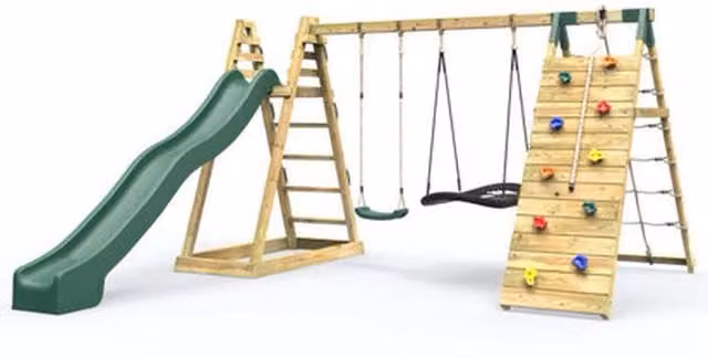 Rebo Wooden Climbing Frame with Swing, Slide and Spray Feature in Green