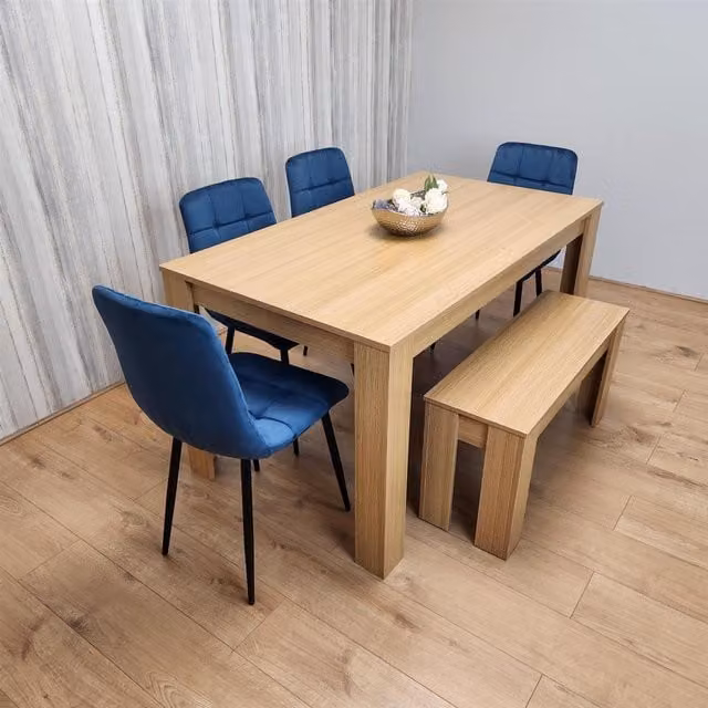 KOSY KOALA 6 Seater Modern Dining Table Set with 4 Blue Velvet Chairs and Bench in Brown and Blue