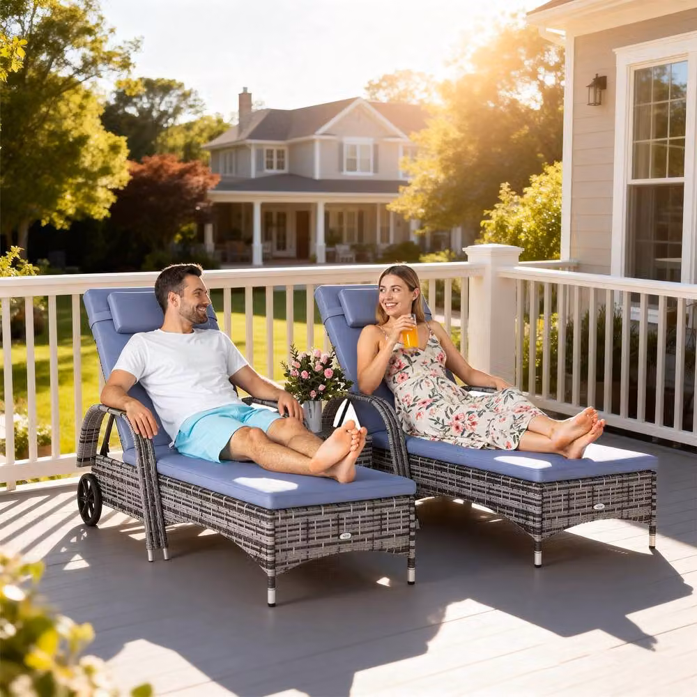 ERGOVEXA 2 Seater Grey Polyrattan Sun Lounger Set with Side Table and Adjustable Headrests – 3