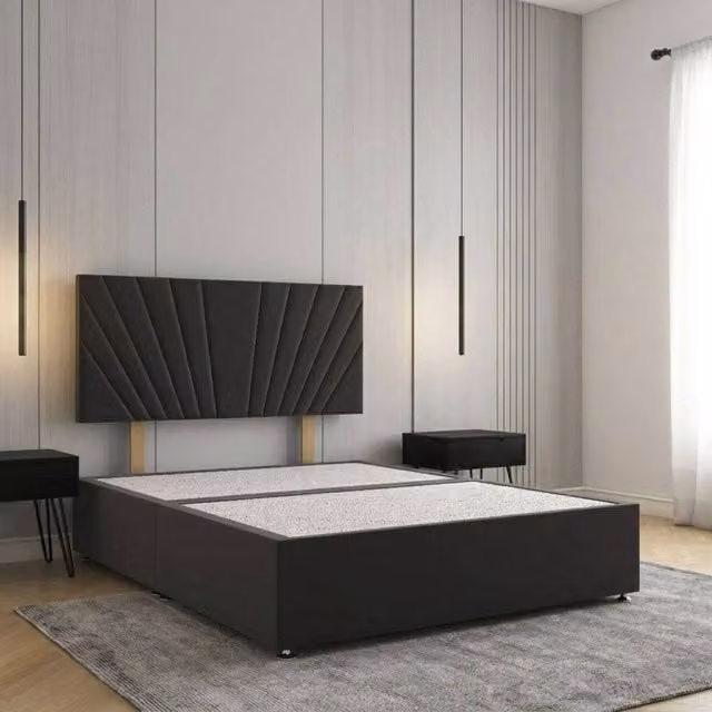 Regional Furnishings Super King Divan Bed Base with 24 inch Headboard in Black Plush Velvet