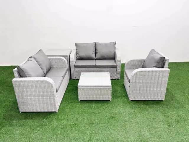 Fimous High Back Poly Rattan Garden Furniture Set in Light Grey with Reclining Chair, Loveseat Sofa, Square Coffee Table and Side Table