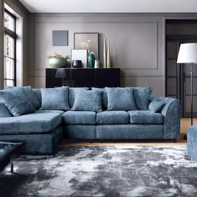 Abakus Direct Harriet Large Left Facing Corner Sofa in Dark Blue Crushed Chenille W/D/H: 272 x 90 x 90 cm