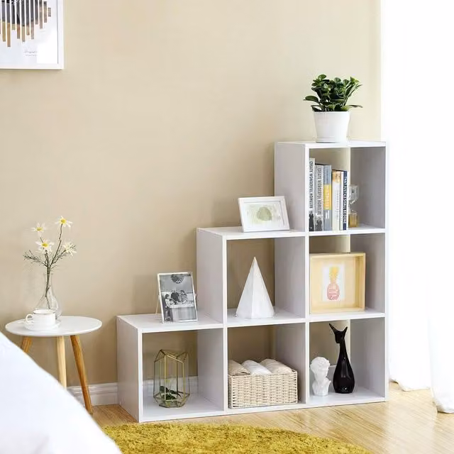 The Bazaarist 6-Cube Stair-Style Ladder Bookcase and Freestanding Room Divider in White