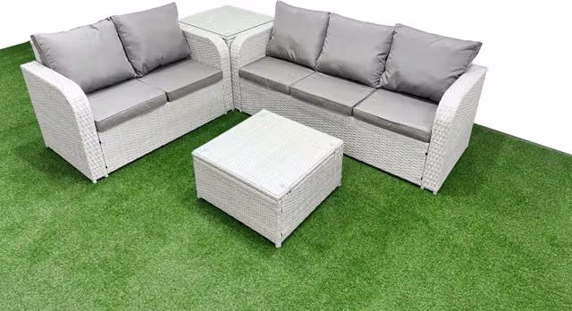 Fimous 5 Seater Grey PE Rattan Wicker Garden Furniture Set with L-Shape Sofa, Love Seat, Side Table and Square Coffee Table
