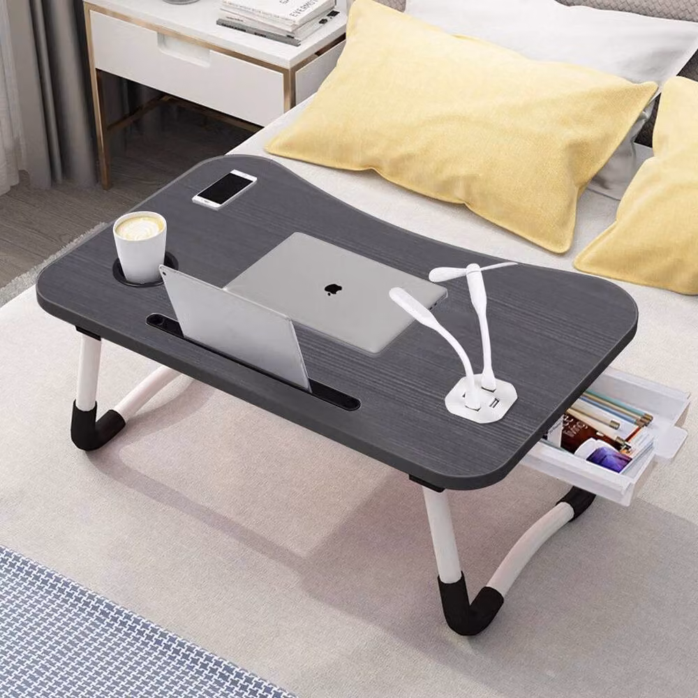 FORGEVIO Black Folding Laptop Desk and Breakfast Bed Tray with Round Wood Top – 5
