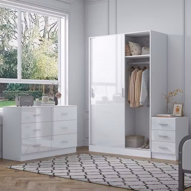 REFLECT Bedroom Furniture Bundle including Sliding Wardrobe, Wide Chest and Bedside Table in White Gloss and Matt White
