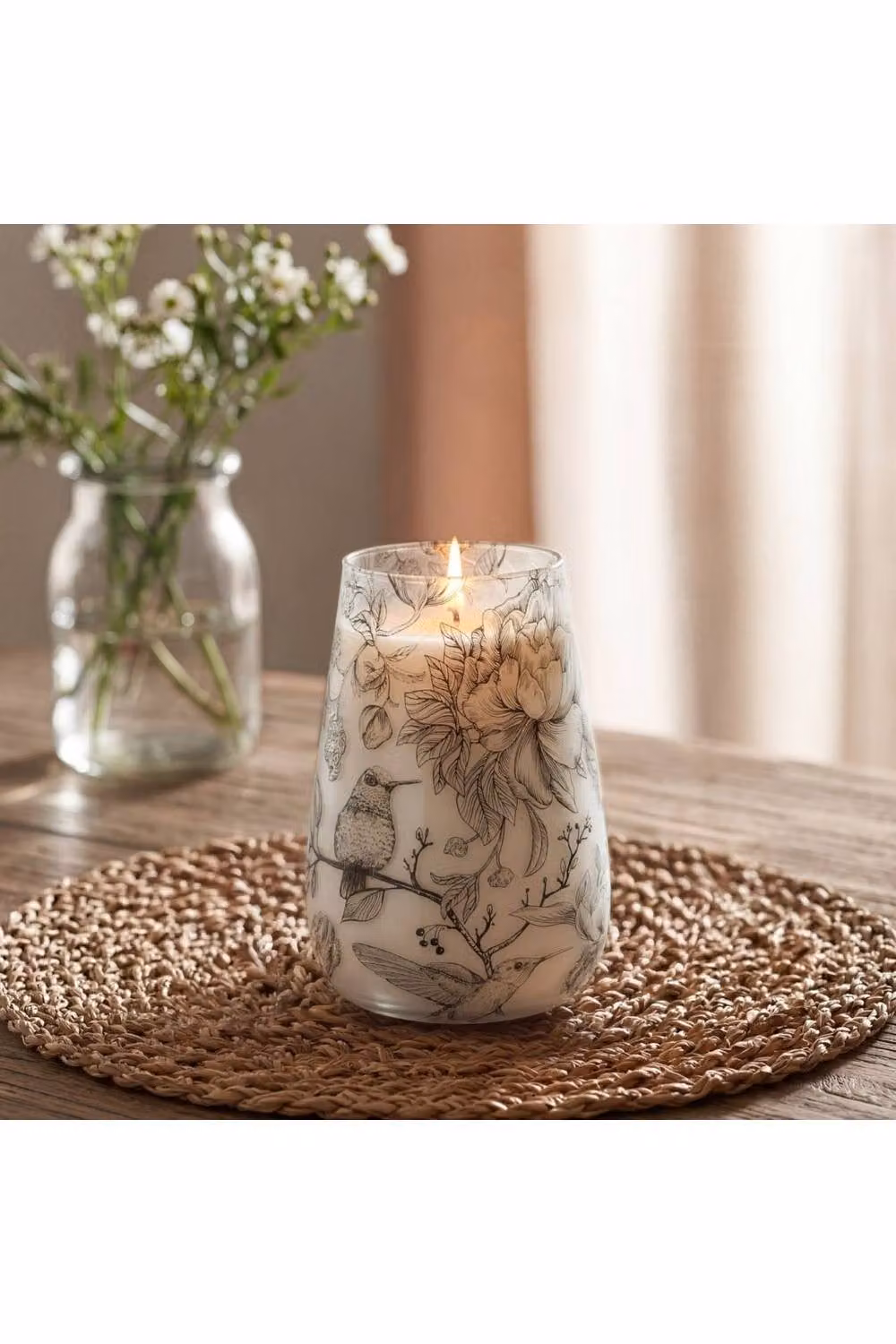 KDMD Tall Glass Jar Candle with Floral Birds Design in White – 2