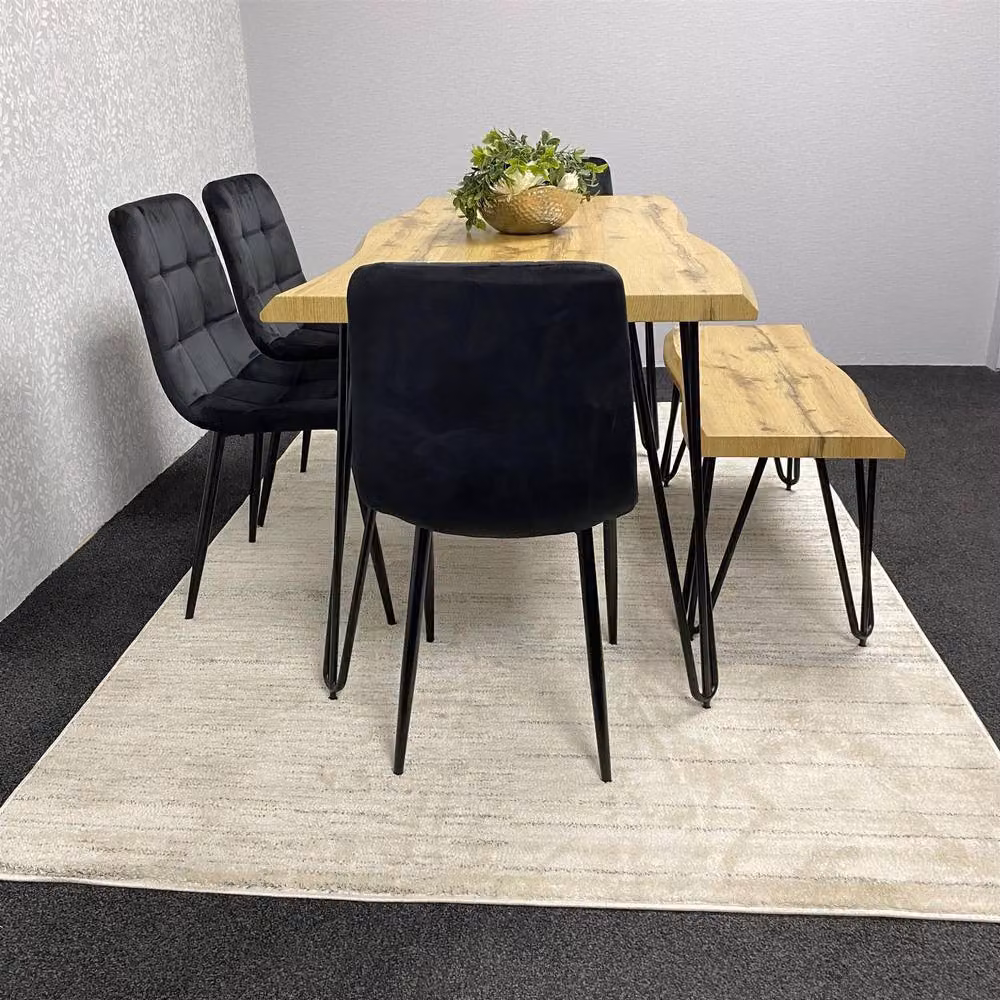KOSY KOALA Industrial Wooden Dining Set with Rectangular Table, Bench and 4 Black Velvet Chairs in Brown and Black – 4