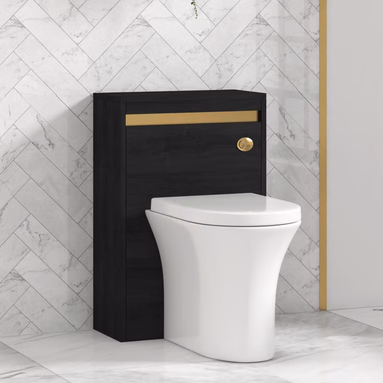 Orion Hale Black BTW Wall Mounted WC Unit with Breeze Rimless Ceramic Toilet Pan, Soft Close Seat and Cistern, Brushed Brass Accent Trim, Width: 54 cm